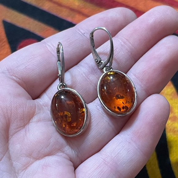 Vintage Jewelry - VTG Genuine Baltic Honey Amber Sterling Silver 925 Pierced Dangle Earrings